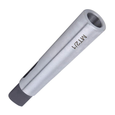 Angled side view of silver Morse taper reducing sleeve MT2 to MT1, precision drill adapter.