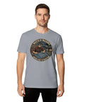 Awesome Soft Cotton Tee For Mechanical Engineers Featuring Vintage Blueprint And Engine Part Designs on a gray shirt worn by a young man.
