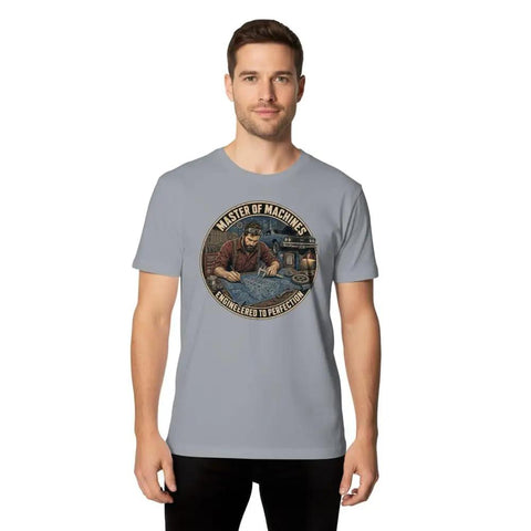 Awesome Soft Cotton Tee For Mechanical Engineers Featuring Vintage Blueprint And Engine Part Designs on a gray shirt worn by a young man.