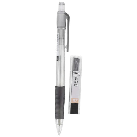 Mechanical pencil with gray grip and extra 0.5mm lead pack on white background