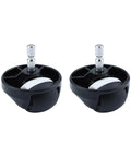 Front view: Roomba front wheel caster assembly (2 pcs); black housing, white wheel, metal stem