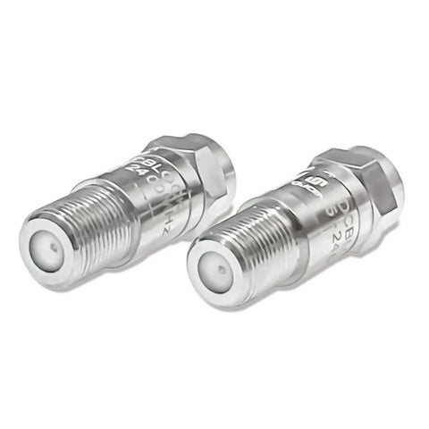 Two Inline F Type RF Coax DC Block Adapters 75 Ohm Impedance 5 MHz To 2400 MHz ideal for radios and RF test gear