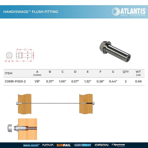 HandiSwage Flush Fittings For 1/8 Inch Cable 2 Pack Through Post Cable Railing Hardware With Self Locking Mechanism diagram.