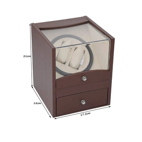 Premium Dual Automatic Watch Winder Box With Silent Belt Drive Motor For Mechanical Timepieces, elegant wooden display case with drawers.