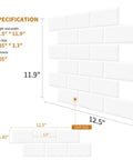 Specifications of Thick 3.3mm Peel And Stick 12x12 White Subway Tile Backsplash Sheets Self Adhesive Heavy Duty With Beefed Up Coverage And 40 Percent More Area Than 10x10 For Diy Kitchen And Bath Durable Tile Upgrade 10 Sheets shown with dimensions.