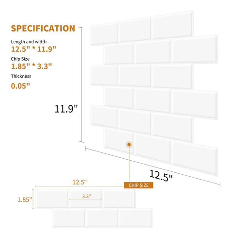 Specifications of Thick 3.3mm Peel And Stick 12x12 White Subway Tile Backsplash Sheets Self Adhesive Heavy Duty With Beefed Up Coverage And 40 Percent More Area Than 10x10 For Diy Kitchen And Bath Durable Tile Upgrade 10 Sheets shown with dimensions.