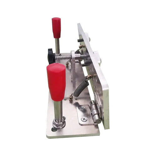 Side view of Aluminum Knife Sharpener Jig with Dual Arm Grips and red handles, Knife Sharpening Locator Clip for Belt Sander Machine.