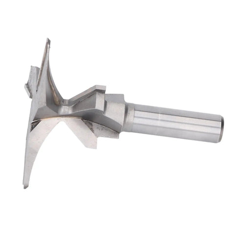 Super Cool Thonlai Arc Bending Router Bit With 1/2 Inch Shank And Three Flutes, viewed at an angle, ideal for wood slotting.
