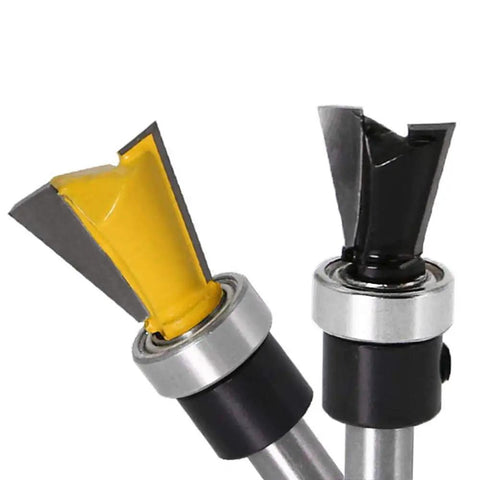 Top Shelf Carbide Dovetail Router Bit Set Two Piece Kit featuring yellow and black bits, ideal for drawer and jewelry box making.