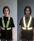 Road Ready Heavy Duty High Vis Safety Strap Vest Engineered For Day Shift Workers Demanding Peak Night Glow And Bulletproof Polymer Straps That Will Never Tear Up In Comfortable Oversized Cut, shown in reflective and non-reflective view.
