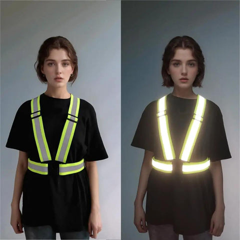 Road Ready Heavy Duty High Vis Safety Strap Vest Engineered For Day Shift Workers Demanding Peak Night Glow And Bulletproof Polymer Straps That Will Never Tear Up In Comfortable Oversized Cut, shown in reflective and non-reflective view.