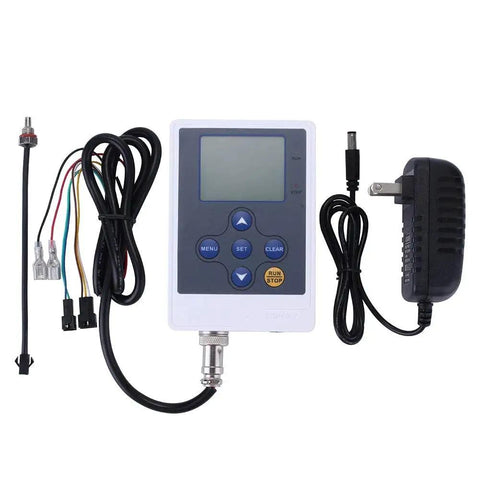 Water Flow Control Meter With LCD Display And G Half Inch Thread Hall Sensor Flowmeter Temperature Sensor, control unit, cables, and power adapter displayed.