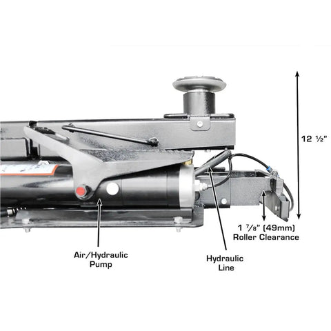 Heavy Duty Air Hydraulic Rolling Jack With 7000 Lb Capacity And Ultra Low Profile for smooth vehicle access, showing pump and connections.