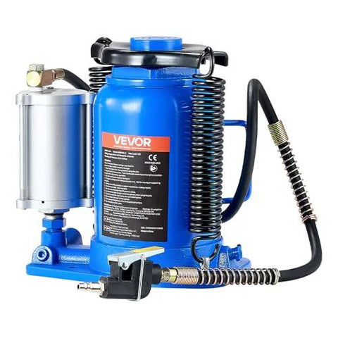 VEVOR blue air-hydraulic bottle jack with silver air pump reservoir and coiled hose