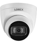 Close-up of a white dome camera from 4K 16-Channel Fusion NVR System With Twelve 8MP IP Dome Cameras Listen-In Audio 130 Ft Night Vision.