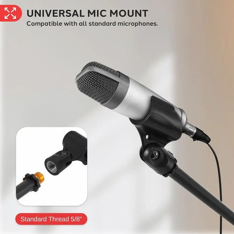 Close-up of microphone on Pair Of Universal Adjustable Tripod Microphone Stands Heavy Duty Lightweight Stage Studio Boom Mic Holders with 5/8 adapter