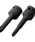 Top Tier 4 Piece Socket Adapter Kit Featuring Ph1 Ph2 Ph3 And Ph4 Cross Bit Heads Designed For 3/8 Drive Electric Wrenches With Forged Chrome Steel Durability Perfect For Gnarly Auto And Home Repair Jobs That Need Serious Torque. two black 3/8 drive Ph socket adapters, chrome steel, 60mm