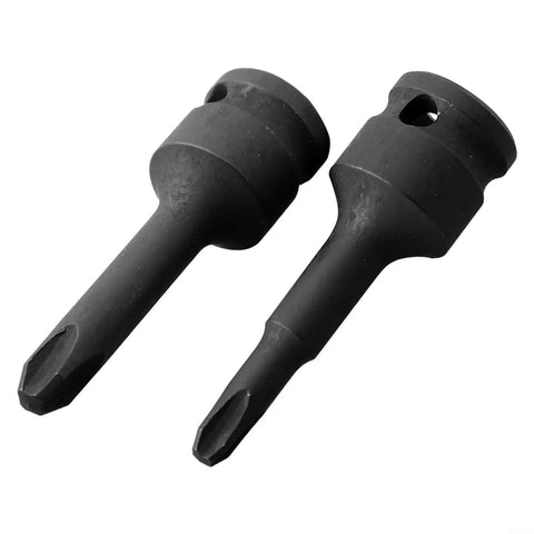 Top Tier 4 Piece Socket Adapter Kit Featuring Ph1 Ph2 Ph3 And Ph4 Cross Bit Heads Designed For 3/8 Drive Electric Wrenches With Forged Chrome Steel Durability Perfect For Gnarly Auto And Home Repair Jobs That Need Serious Torque. two black 3/8 drive Ph socket adapters, chrome steel, 60mm