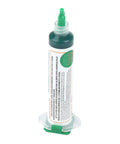 Close-up of Green Solder Mask Ink in tube for Two Pack UV Light Curing Solder Mask Ink For PCB Insulation And Protection, nozzle and label visible