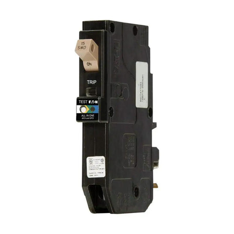 15 Amp 1 Pole Dual Function Arc Fault And Ground Fault Plug On Neutral Circuit Breaker with two position handle