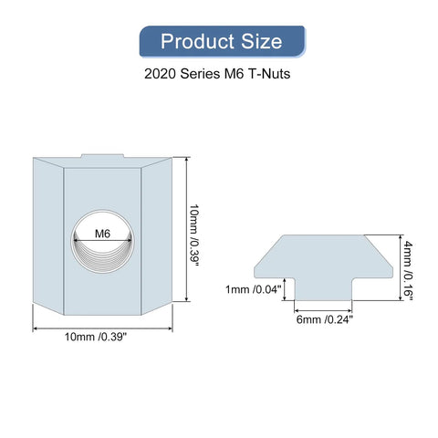2020 Series M6 T-Nuts dimensions showing size of Industrial Grade Nickel Plated Carbon Steel T Slot Bolts for Aluminum Extrusion Profiles.