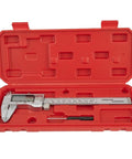 Digital Vernier Caliper 150mm Metric Inch Switch(without) in red protective case with stainless steel design.