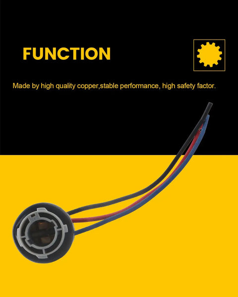 LED Bulbs Socket Wiring Harness BAY15D 2057 2357 7528 Base with copper wiring and ABS housing on yellow background.