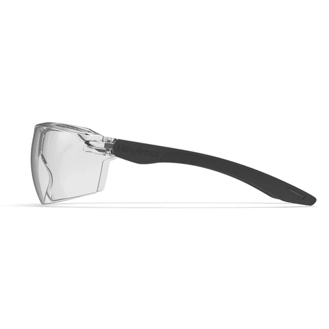 Side view of Kickass Rimless Wraparound Safety Glasses With Ultra Light Twenty One Gram Flex Plus Heavy Duty Dust Defense And Never Fog Tech.