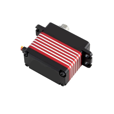 Hella Smooth High Voltage Steering Servo Delivering 75 Kilograms Of Raw Torque In An 88 Gram Compact Body With A Rock Solid Cnc Metal Case Fully Waterproofed For Rc Vehicles Steel Arms view from the top with red and black stripes.