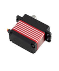 Bad Boy High Voltage Rc Servo With Waterproof Cnc Aluminum Body And Heavy Duty Steel Gears Built To Dominate Off Road Rigs While Pumping Out Nasty 75 Kilogram Centimeter Torque And Lightning 0.11 Second Response Time, showing side view with red and black design.