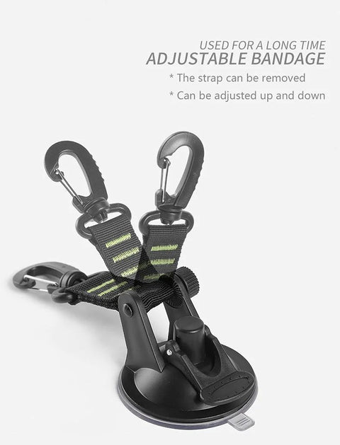 Heavy Duty Suction Cup Anchors With Securing Hook 4 Pack, showing black and green adjustable strap with hooks, ABS and PVC material.