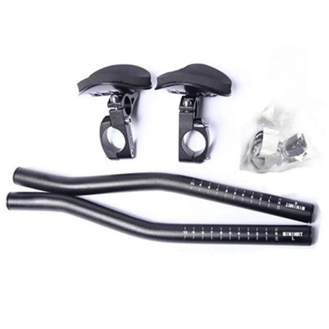 TT Aero Bars For Triathlons And Road Cycling Aluminum Alloy Handlebars with adjustable clamps and ergonomic design shown disassembled.