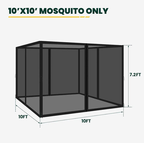 Universal Replacement Mosquito Netting For 10x10 Gazebos With Four Panel Sidewalls And Zippers shown in 10ft x 10ft x 7.2ft dimensions