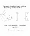 Stainless Steel Clamp On Glass Door Hinges For Shower Enclosures And Cabinets, No Drill Pivot Hardware illustration with dimensions
