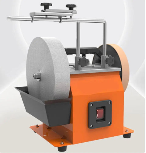 Workhorse Dual Wheel Bench Grinder Designed For Wet Sharpening And Sleek Polishing Runs On Low Speed To Knock Burrs Quick While Keeping Tool Edges Razor Sharp In The Shop Daily, showcasing an orange dual wheel design.
