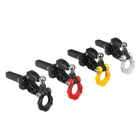 Beefy Metal Adjustable RC Trailer Hitch Tow Hook For 1 By 8 And 1 By 10 Scale Crawlers, black, red, yellow, and silver finishes
