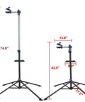 Portable Bike Repair Stand With Adjustable Height Handy Tool Tray And 360 Degree Swivel Clip Holds Up To 66 Lbs shown with height measurements