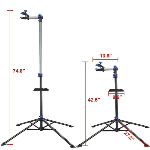 Portable Bike Repair Stand With Adjustable Height Handy Tool Tray And 360 Degree Swivel Clip Holds Up To 66 Lbs shown with height measurements