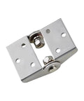 Close-up of silver 304 stainless steel torque-damping hinge for cabinet doors