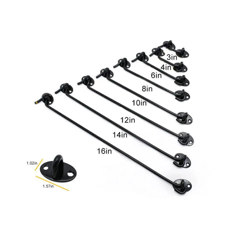 Door Hook and Eye Latch Gate Safety for Window Cabinet with Screws, various sizes displayed from 3in to 16in, premium black metal finish.