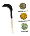 Long Handled Hand Scythe For Weeding In The Garden With Heavy Duty Manganese Steel Blade Japanese Style Garden Tool For Easy One Hand Use With Comfortable Grip shown with uses