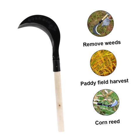 Long Handled Hand Scythe For Weeding In The Garden With Heavy Duty Manganese Steel Blade Japanese Style Garden Tool For Easy One Hand Use With Comfortable Grip shown with uses