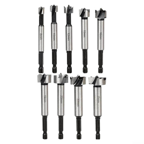 Hexagonal shank hinge-boring drill bit set for woodworking (8–25mm), high-carbon steel