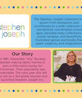 Stephen Joseph brand collage featuring logo tile, blue info panel, pink Our Story panel, and a photo of a smiling woman.