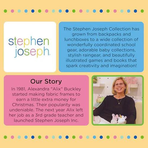 Stephen Joseph brand collage featuring logo tile, blue info panel, pink Our Story panel, and a photo of a smiling woman.