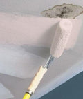 Stain Blocking Ceiling Paint For Interiors With Pink To White Dry Time Indicator shown being rolled on a stained ceiling, 1 Gallon