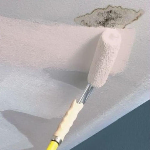 Stain Blocking Ceiling Paint For Interiors With Pink To White Dry Time Indicator shown being rolled on a stained ceiling, 1 Gallon