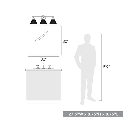 Carver Three Light Black Bath Vanity With Mesh Shades Industrial Style Fixture dimensions shown against a silhouette and sink setup.