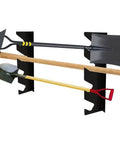 Wall Mounted Tool Organizer Rack For Garage And Shed Space Saving Storage Bracket That Holds Shovels Rakes And More Black Durable Garden Tool Holder For Easy Access And Quick Reach, black steel wall rack holding shovel, rake, and hoe