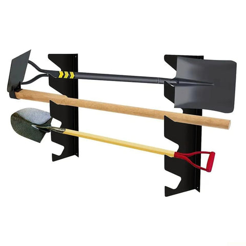 Wall Mounted Tool Organizer Rack For Garage And Shed Space Saving Storage Bracket That Holds Shovels Rakes And More Black Durable Garden Tool Holder For Easy Access And Quick Reach, black steel wall rack holding shovel, rake, and hoe